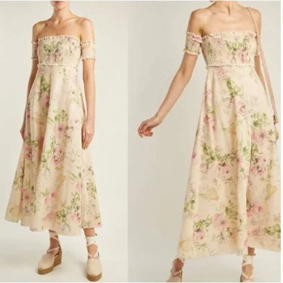 Zimmermann Iris Shirred Bodice Linen Maxi Dress Cream Floral Size 1 Small - Picture 1 of 6